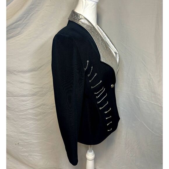 Vintage Cache Peplum Leather Womens Blazer Jacket Stretch Fabric Silver Black - Picture 6 of 11